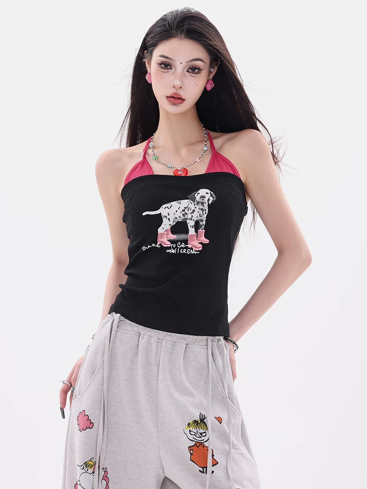 ABWEAR Cuộc sống hàng ngày dễ thương - Áo yếm thiết kế giả hai mảnh in hình chó con nguyên bản dành cho nữ Áo ôm eo vừa vặn