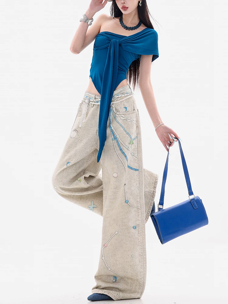 ABWEAR Wei Yi Sheng Xia - Quần jean in 3D công nghiệp nặng nguyên bản dành cho nữ, lưng cao, giảm béo, quần ống rộng, quần dài