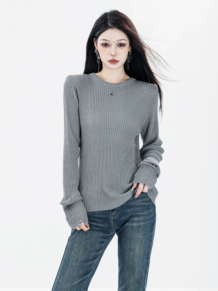ABWEAR Đầu thu 2025 Áo len dệt kim màu xám mới dành cho nữ, Áo len cơ bản đa năng giúp giảm béo