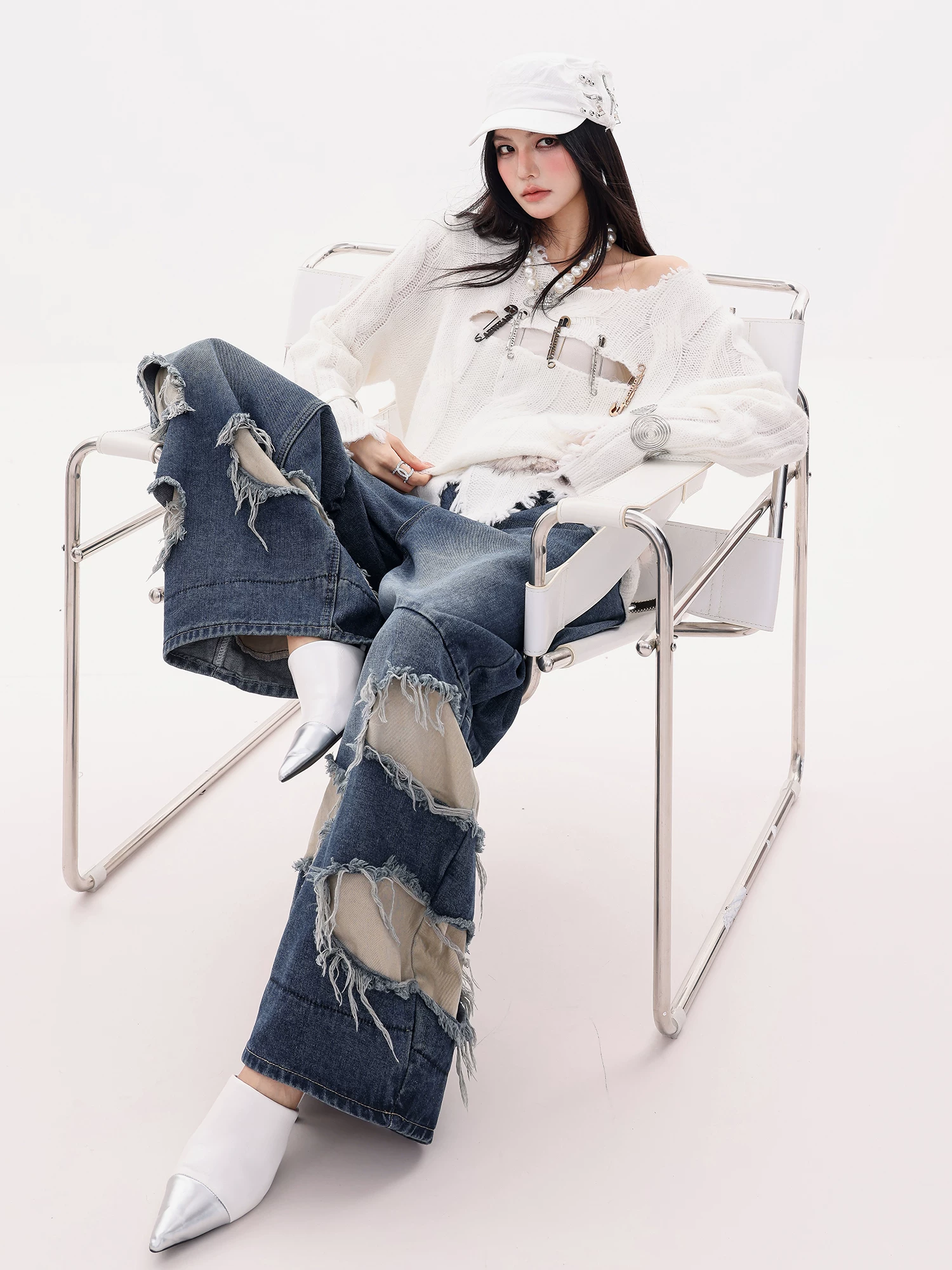 ABWLR Equatorial Coast-Original Blue Ripped Patchwork Jeans dành cho nữ mùa thu đông Quần ống rộng dáng rộng mới