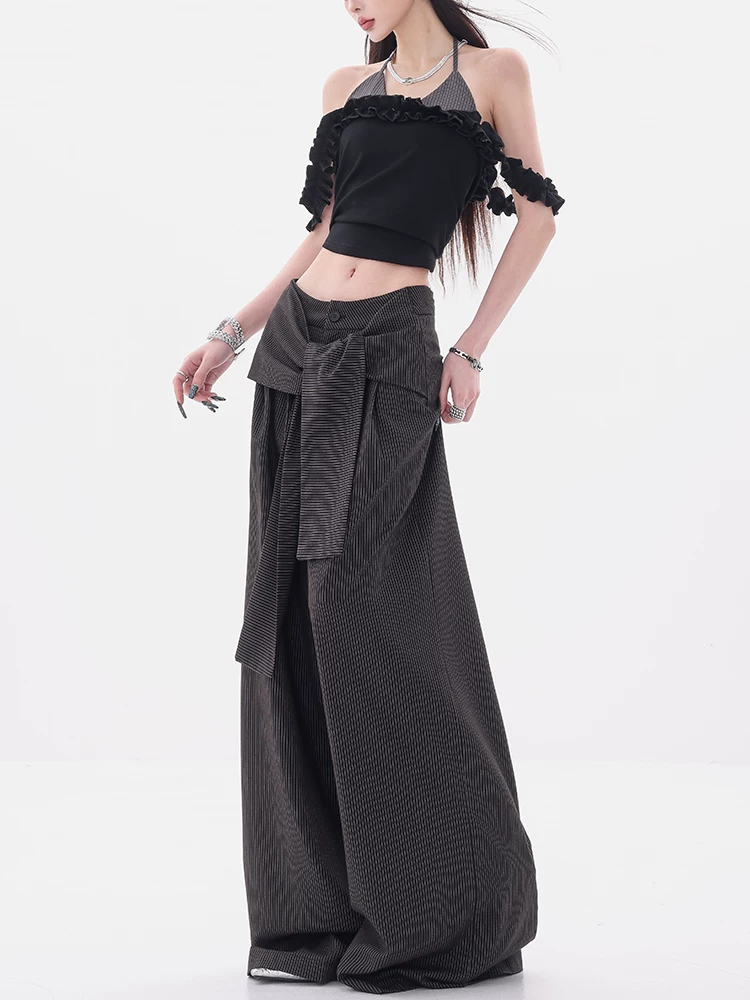 ABWEAR Urban Beauty - Quần dài giả hai mảnh sọc đen trắng nguyên bản có họa tiết chắp vá Quần ống rộng dáng rộng dành cho nữ