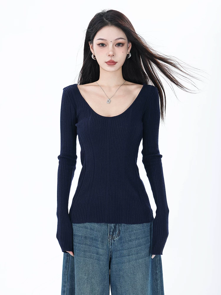 ABWEAR mùa thu đông áo len dài tay cổ tròn màu xanh hải quân màu trơn dệt kim thiết kế dành cho nữ áo sơ mi có gân ở dưới
