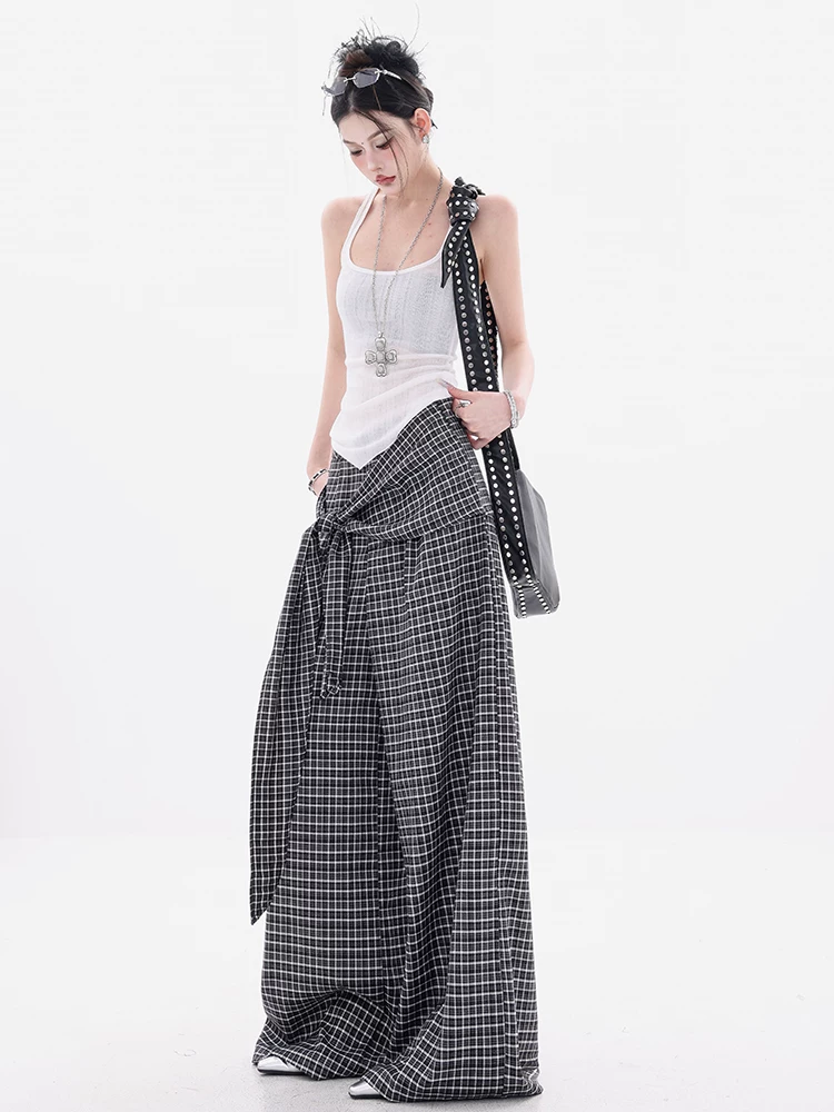 ABWEAR Ngược chiều của phong cách Anh - Thiết kế cà vạt không đều có kẻ sọc đen trắng nguyên bản Quần kẻ sọc Quần kẻ sọc ống rộng dành cho nữ