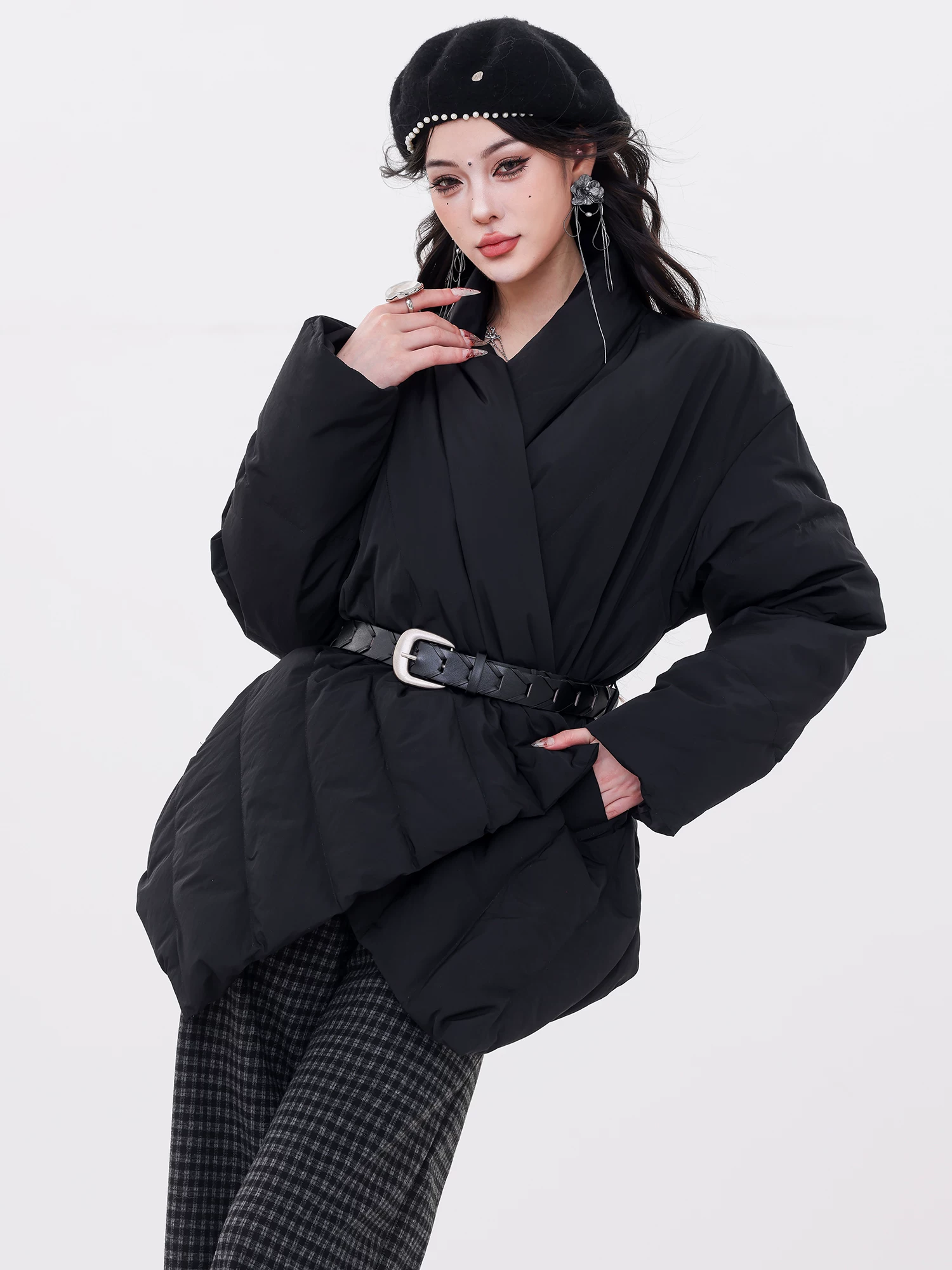 ABWLR Deep Winter Story - Áo khoác cổ đứng có dây buộc thiết kế nguyên bản dành cho nữ, Áo khoác giữ ấm mùa đông có dây buộc eo giúp giảm béo