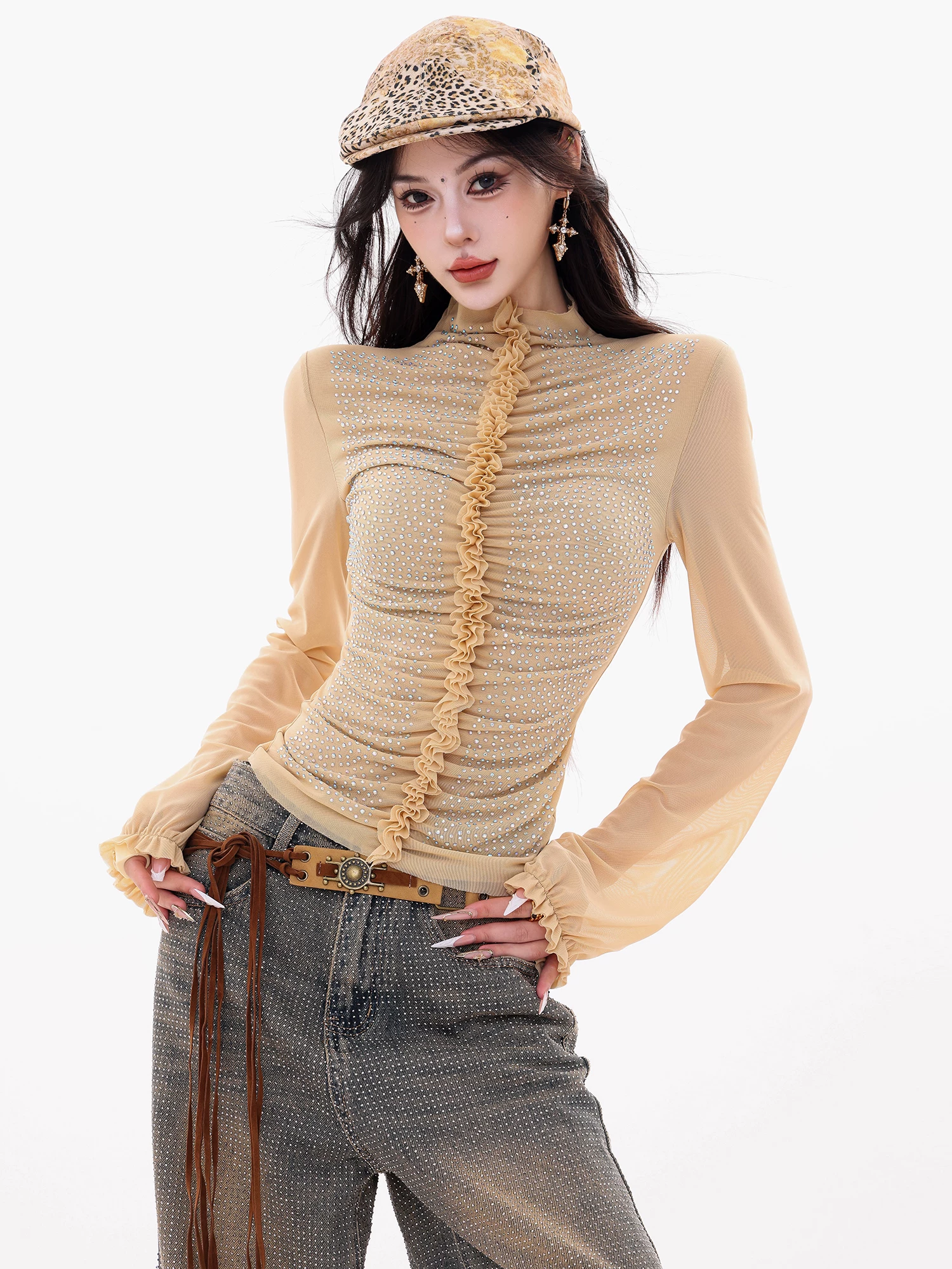 ABWLR Glittering Gold - Áo thun dài tay xếp ly bằng lưới đính đá nguyên bản dành cho nữ, Áo sơ mi dáng ôm vừa vặn mùa thu mới