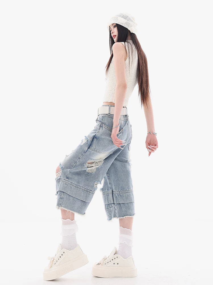 ABWEAR Beyond the Clouds - Quần short denim 7/8 có dây thắt lưng đôi nguyên bản đã được giặt sạch Quần short ống rộng dáng rộng dành cho nữ