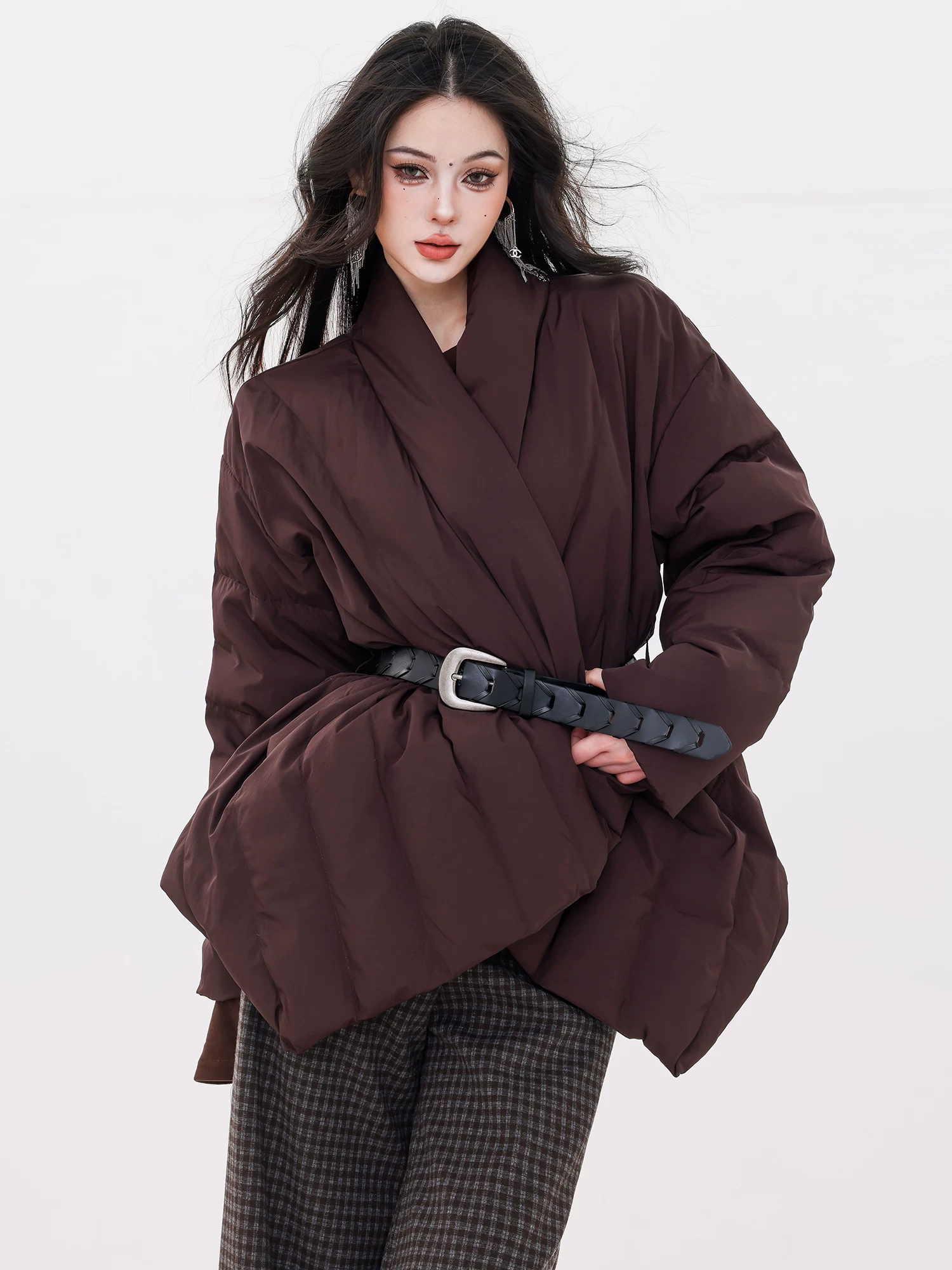 ABWLR Deep Winter Story - Áo khoác có dây buộc thiết kế nguyên bản dành cho nữ, phong cách mùa đông mới, ôm eo, giảm béo, áo khoác ấm áp