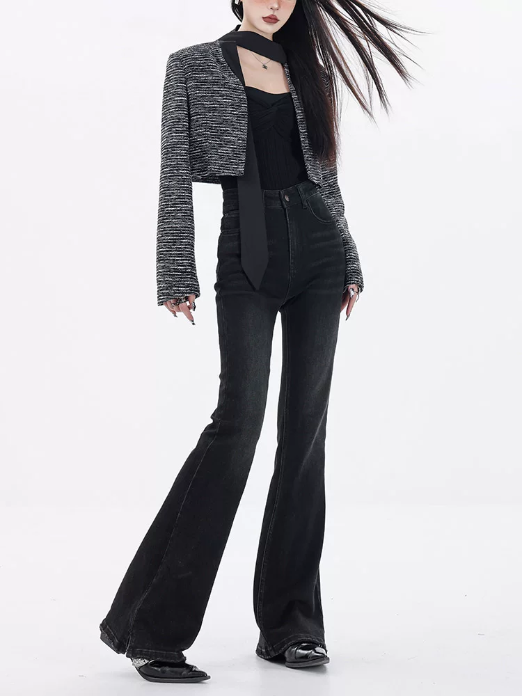 ABWEAR Những khoảnh khắc thoải mái - Quần denim đen cạp cao nguyên bản dành cho nữ, lót lông cừu, quần ống loe thon gọn, quần ống loe
