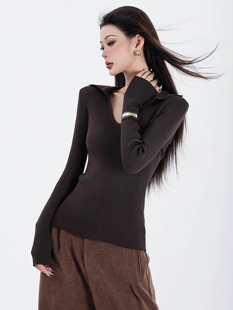 ABWEAR thích ứng với mùa thu đông nguyên bản áo len dệt kim cổ chữ V áo sơ mi dài tay ôm sát nữ