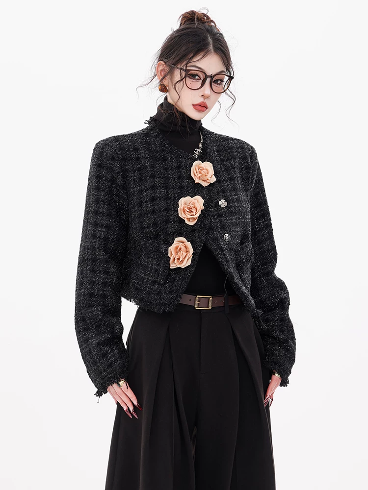 ABWEAR Fragrant Rose - Áo khoác ngắn phong cách Trung Hoa nguyên bản dành cho nữ, phong cách mới mùa thu đông, áo dài tay trang trí hoa hồng