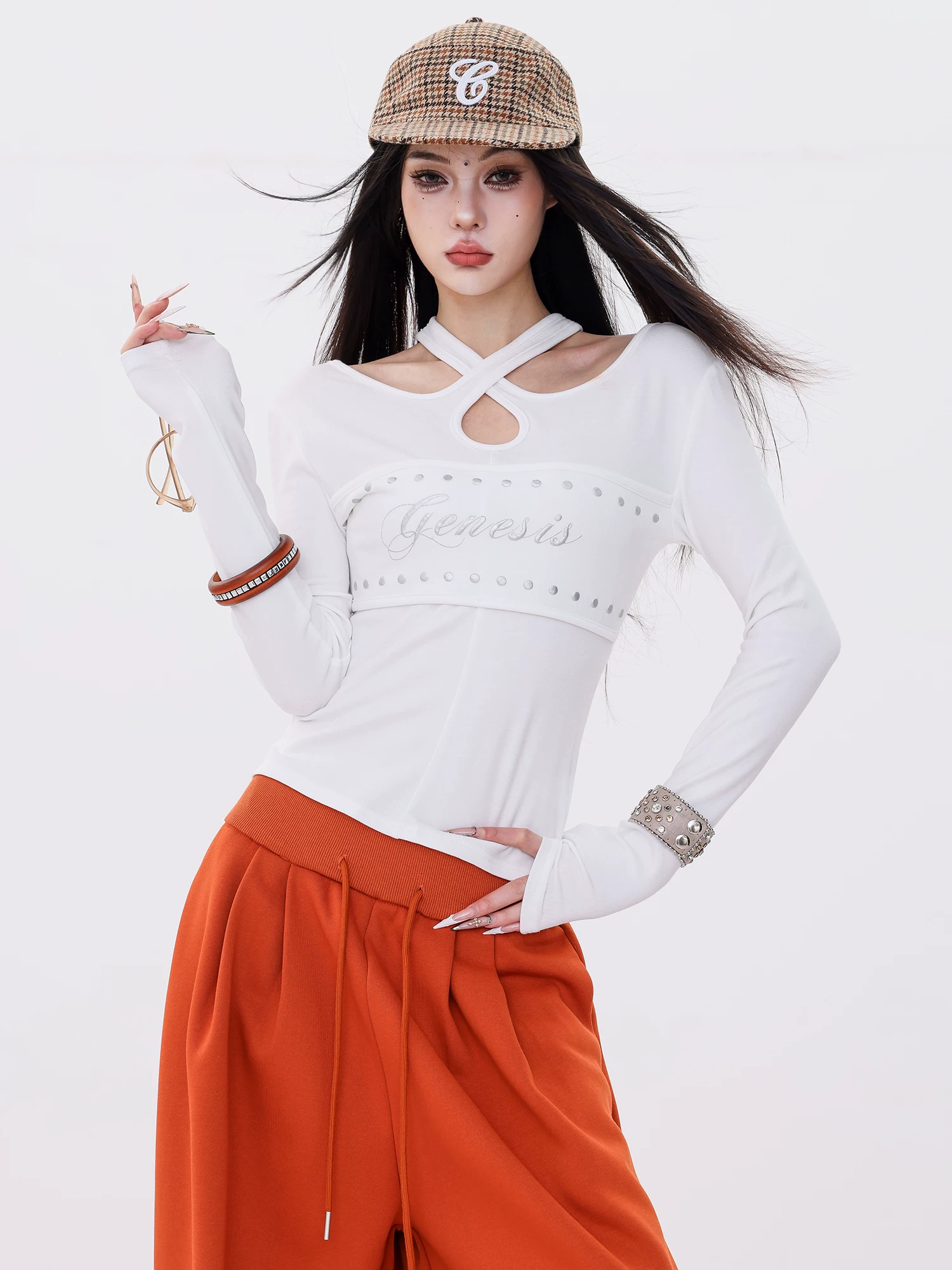 ABWLR Inspiration Time - Áo thun dài tay kiểu chữ phong cách Hot Girl nguyên bản dành cho nữ, kiểu dáng ôm vừa vặn, thiết kế rỗng