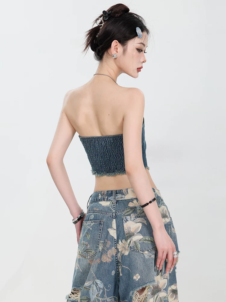 Áo hai dây denim kiểu Mỹ hè 2025 ABWEAR, thiết kế thời trang nữ, áo ngắn