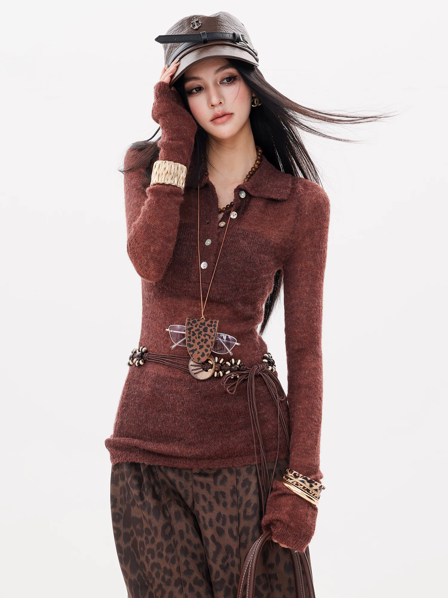 ABWLR Misty Manor-Áo dệt kim dài tay cổ POLO cổ điển nguyên bản dành cho nữ vào mùa thu có thắt lưng cài cúc và áo bên trong