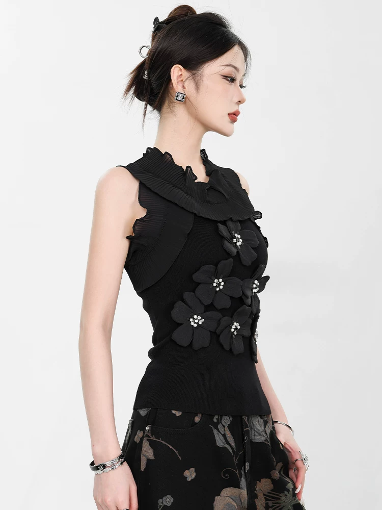 Áo thun nữ ba chiều họa tiết hoa mới của ABWEAR, thiết kế thời trang với viền xếp nếp, áo vest dệt kim không tay