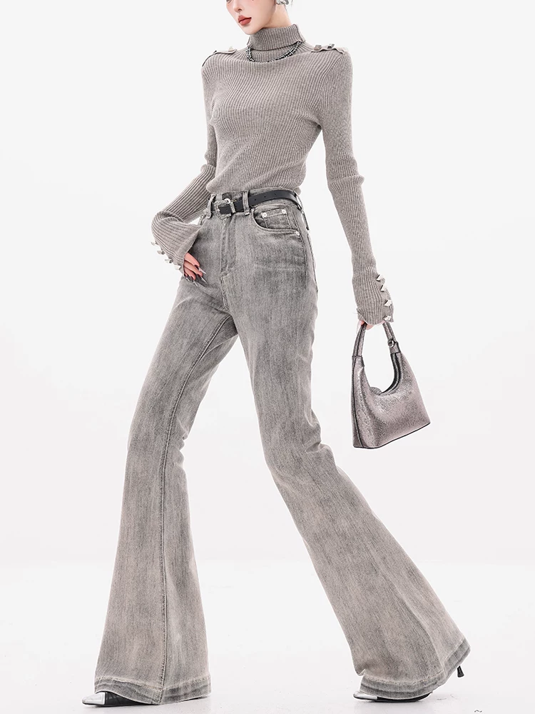 Quần jeans xòe màu xám lót lông cừu ABWEAR Daytime Fantasy dành cho nữ, thu đông 2025, cạp cao, dáng ôm, kiểu chuông