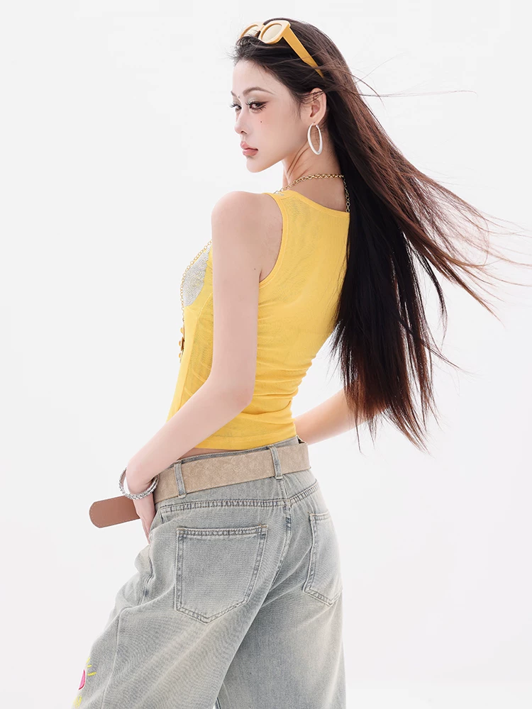 ABWEAR Shibuya Hot Girl - Áo ba lỗ đính đá màu vàng nguyên bản dành cho nữ mùa hè 2025 Áo ngắn vừa vặn