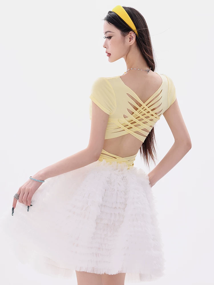 ABWEAR Sweet Signal - Áo ba lỗ thiết kế dây đeo chéo khoét rỗng nguyên bản dành cho nữ, dáng ôm, áo ngắn