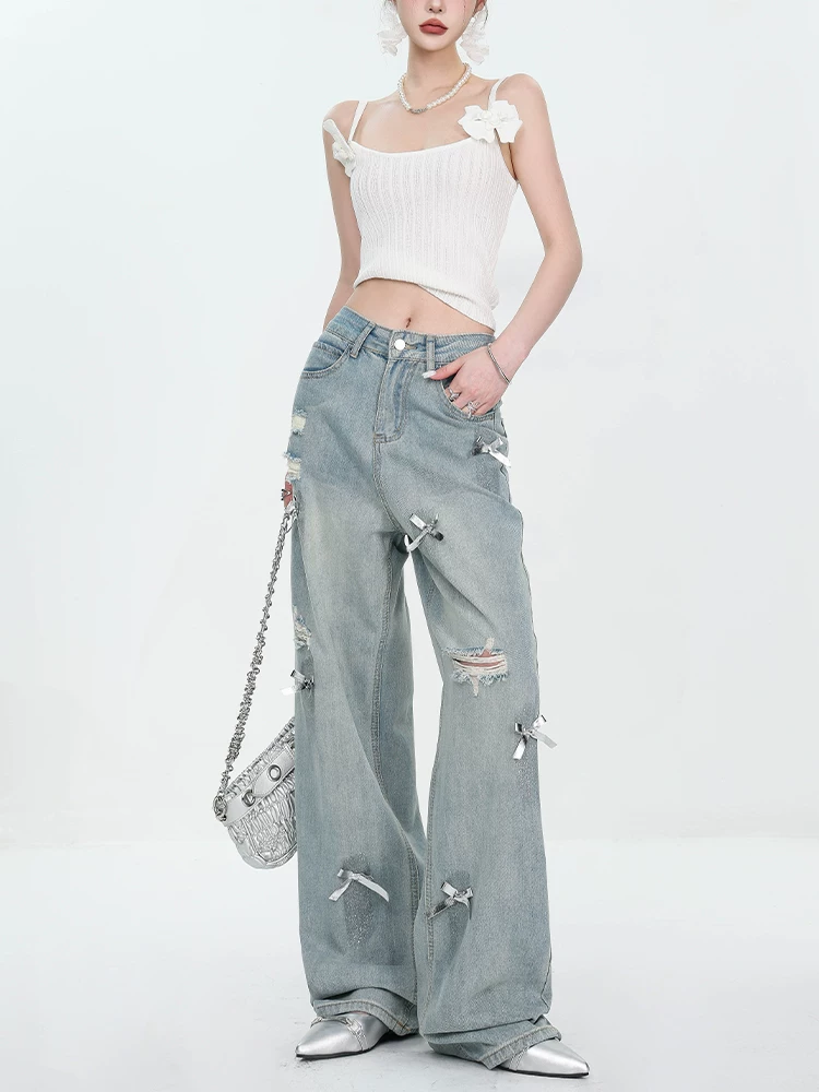 Quần jean ống rộng kiểu dáng vintage màu sắc cổ điển, thiết kế nơ mùa hè mới của ABWEAR dành cho nữ, mỏng và tôn dáng.