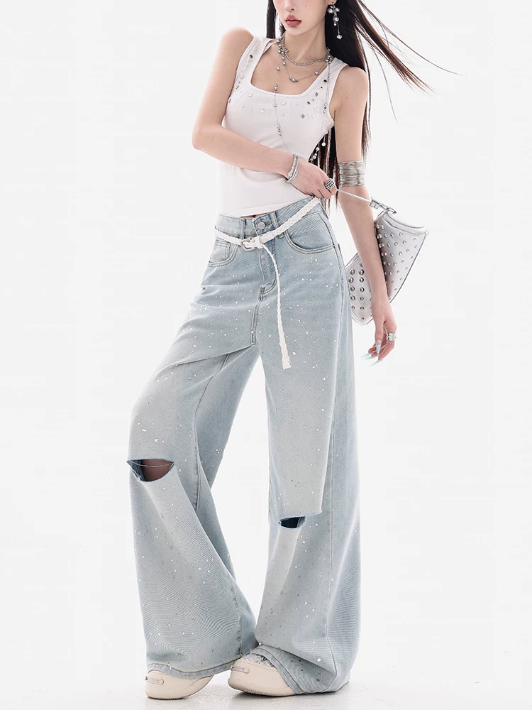 ABWEAR Ice Blue Summer - Quần jean rách đính đá màu xanh nhạt nguyên bản dành cho nữ, lưng cao, giảm béo, quần ống rộng rộng rãi