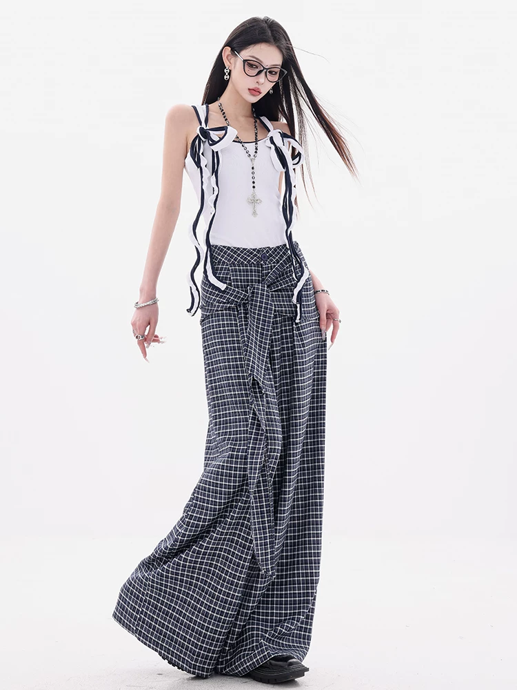 ABWEAR Ngược chiều của phong cách Anh - Quần thường ngày kẻ sọc xanh nguyên bản dành cho nữ với thiết kế dây buộc, dáng rộng, quần ống rộng dài đến sàn