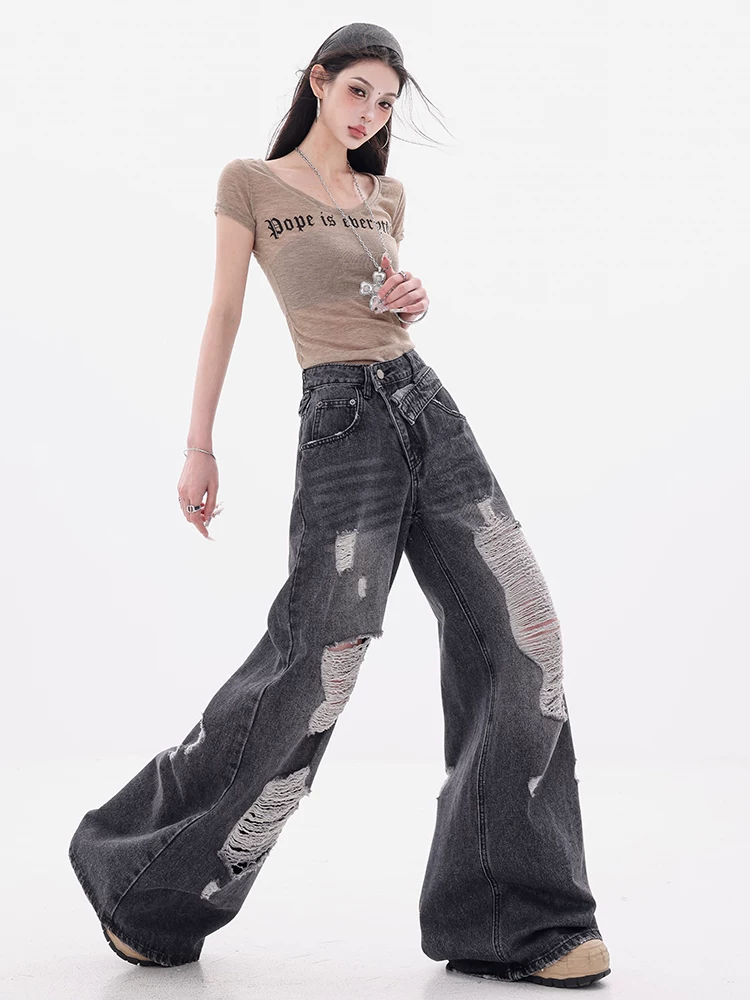ABWEAR Sydney Coast - Quần jean rách có viền thêu đôi theo phong cách cổ điển của Mỹ dành cho nữ, quần ống rộng dáng rộng