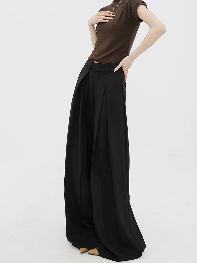 Quần âu đen ABWEAR dành cho nữ, thu đông 2025, kiểu dáng mới, rộng rãi, dày dặn, chất liệu mềm mại, dài chấm đất, ống rộng
