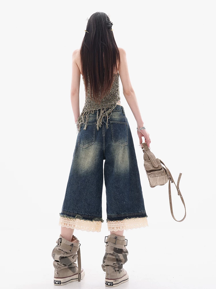 Quần short nữ ống rộng ABWEAR Camellia Language - Denim phối ren kiểu Mỹ cổ điển đã qua xử lý, kiểu dáng 7/8
