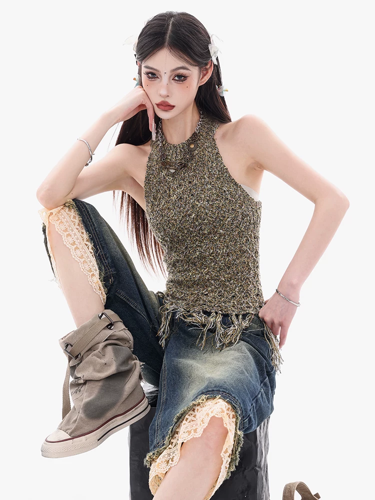 Áo ba lỗ thiết kế dây rút độc đáo và đầy màu sắc của ABWEAR dành cho nữ, áo không tay dệt kim khoét rỗng giúp thon gọn