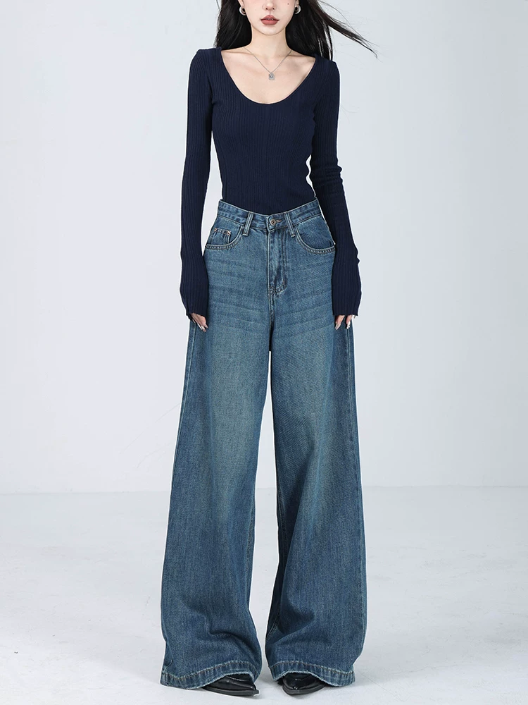 Quần jeans nữ ABWEAR 2025 kiểu Mỹ, chất liệu nỉ lót lông, màu xanh, dáng rộng, ống rộng, dài chấm đất, mùa thu đông mới
