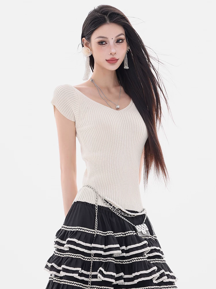 Quy tắc giản dị của ABWEAR - Áo thun ngắn tay dệt kim phong cách lười biếng nguyên bản dành cho nữ