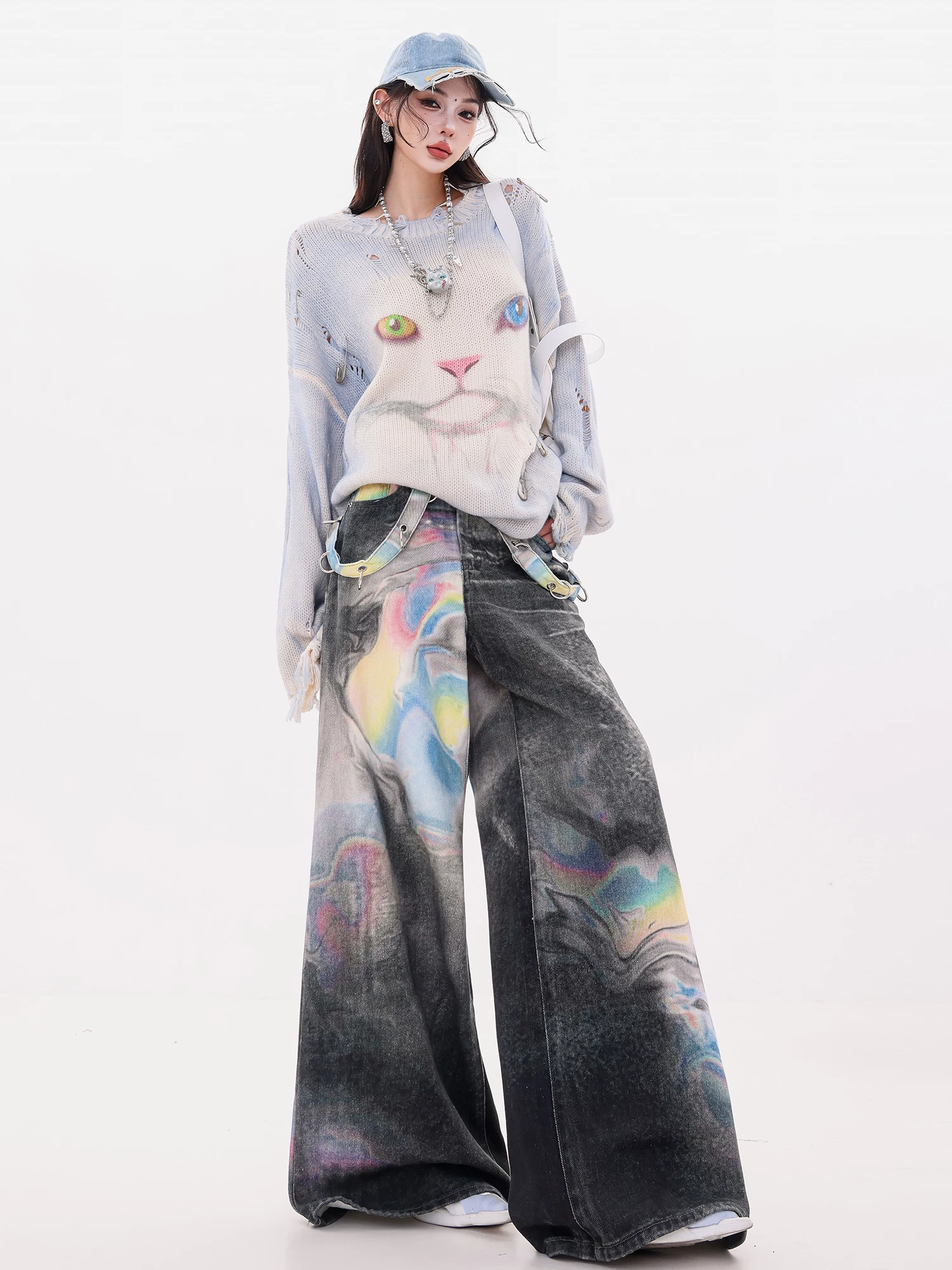 ABWLR Color Fantasy - Quần jean ống rộng màu gradient nguyên bản dành cho nữ, phong cách mùa thu mới, quần dài ống thẳng dáng rộng