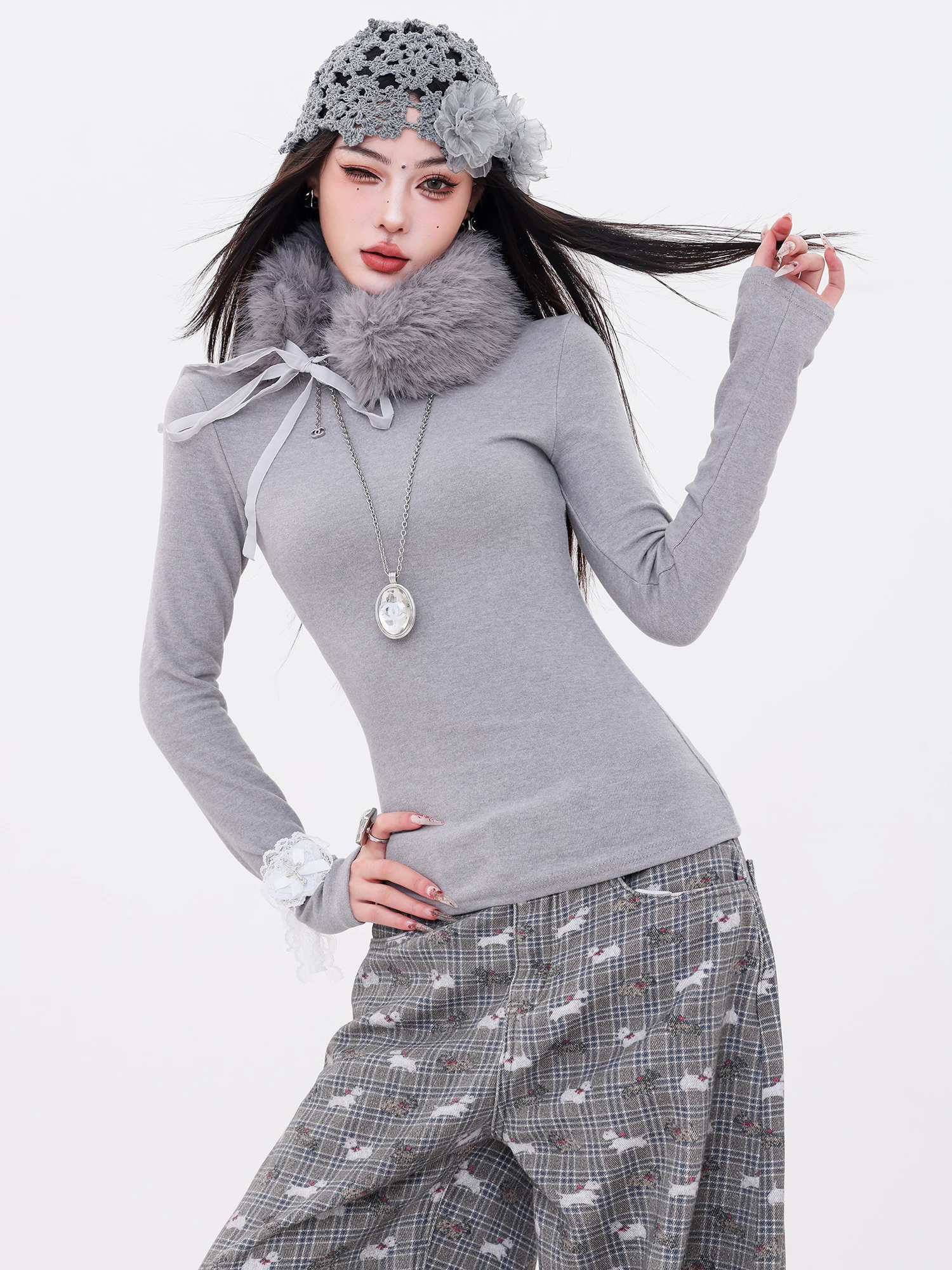 ABWLR Winter Elf - Áo len dệt kim dài tay có cổ lông thú nguyên bản dành cho nữ, áo sơ mi cơ bản ôm eo vừa vặn
