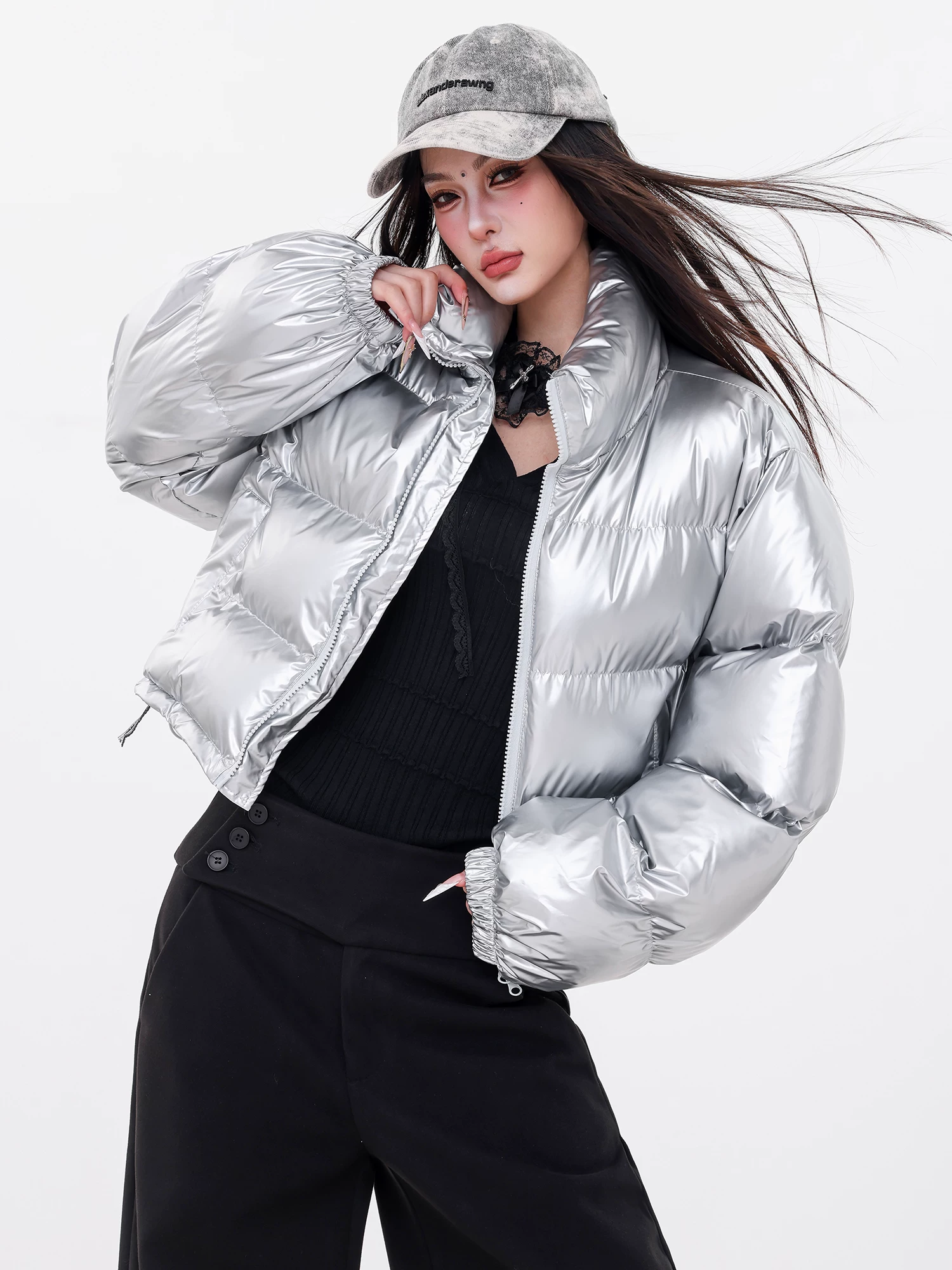 Áo khoác cotton ngắn phong cách kim loại hot girl ABWLR cổ đứng màu bạc dày dặn ấm áp áo khoác cao cấp