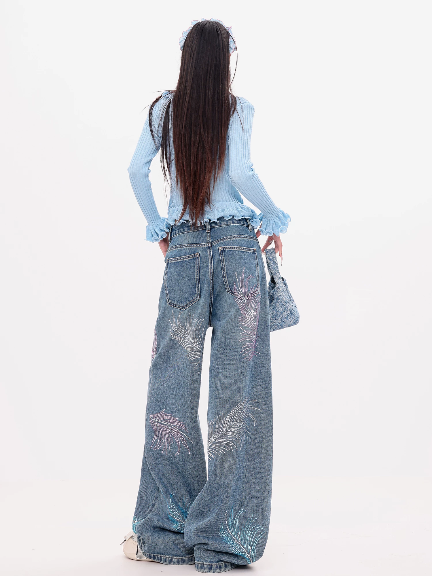 ABWEAR Dazzling Galaxy - Quần jean ống thẳng đính đá nhiều màu sắc nguyên bản dành cho nữ, quần ống rộng dáng rộng đính đá hình chiếc lá