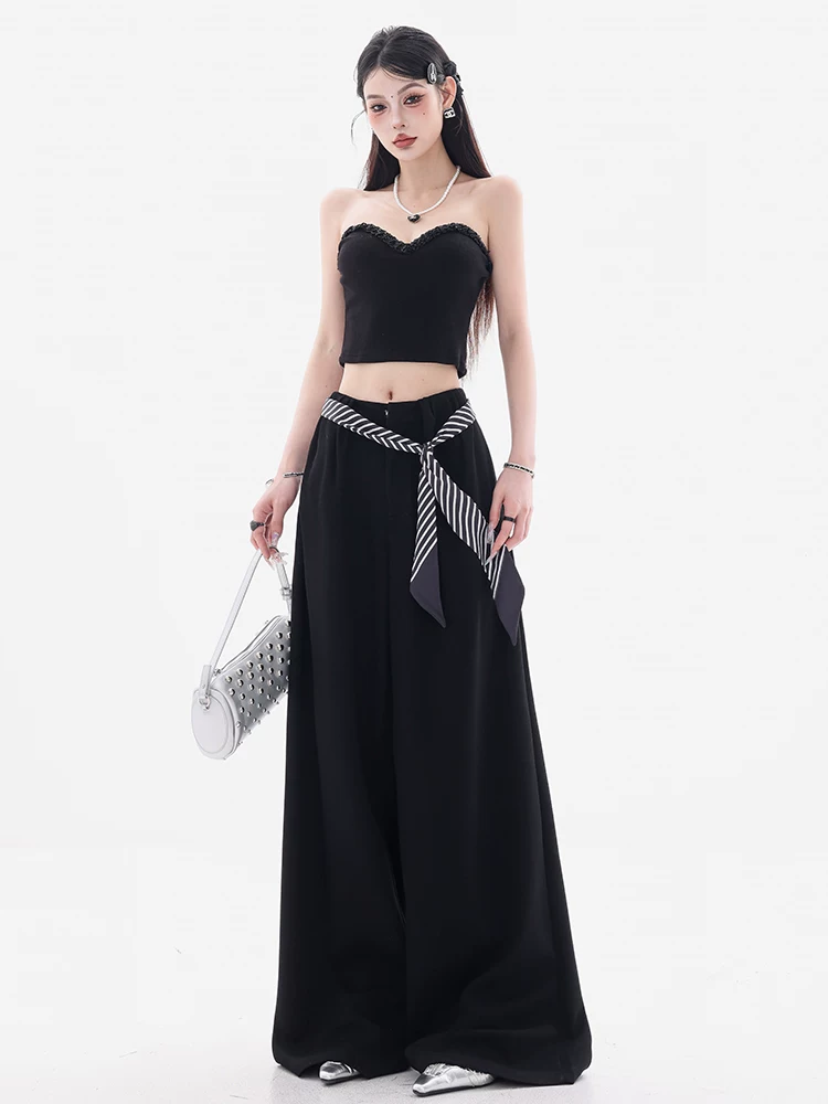 ABWEAR Set Art - Quần đen dáng rộng, phong cách thường ngày dành cho nữ, mẫu mới 2025, quần ống rộng thẳng, chất liệu như gạo nếp