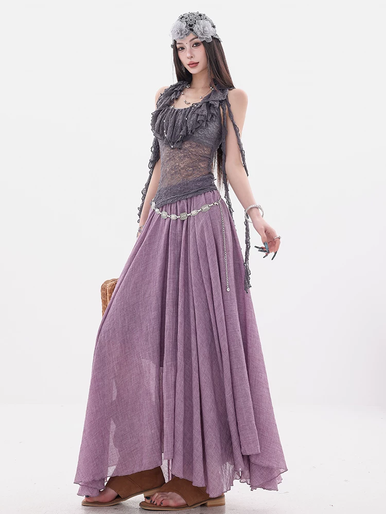 ABWEAR Tiệc trà ngọt kiểu Pháp - thiết kế eo thun nguyên bản Váy chữ A dành cho nữ, váy dài dáng rộng, giản dị