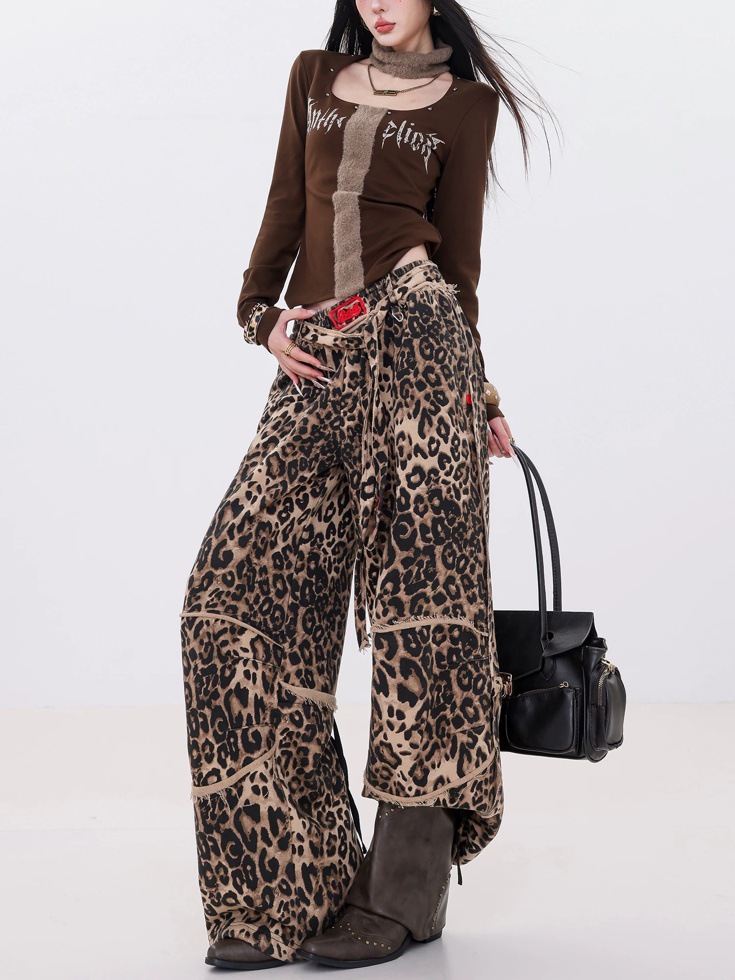 ABWLR Urban Hunter - Quần ống rộng họa tiết da báo cổ điển kiểu Mỹ nguyên bản dành cho nữ, phong cách đường phố Quần ống rộng lưng thun kiểu dáng đơn giản