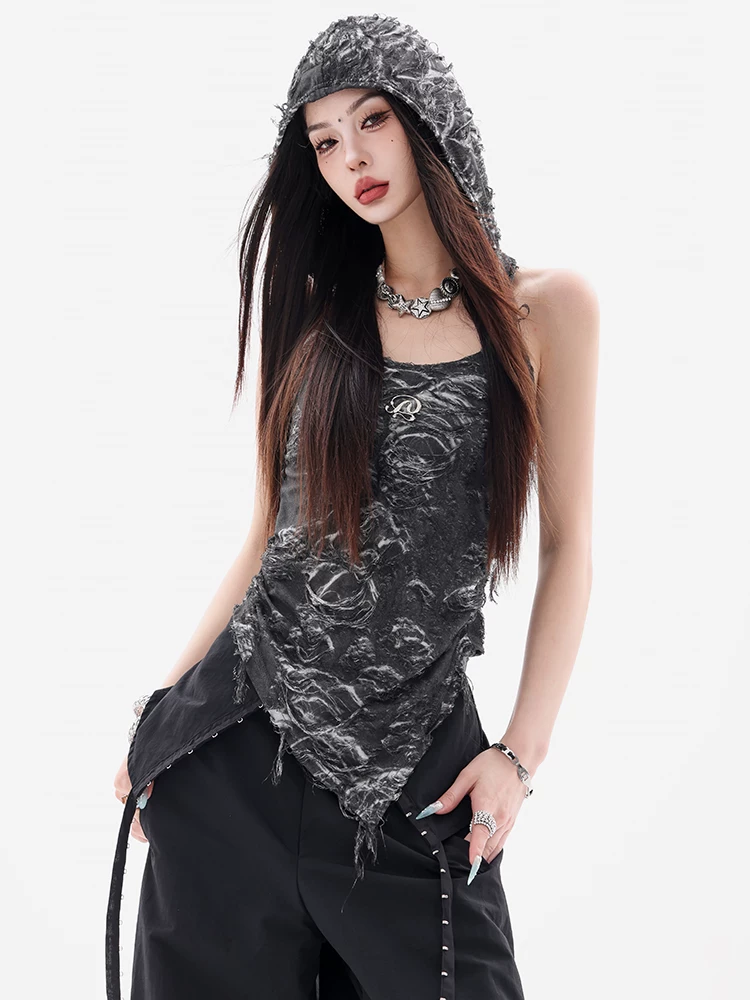 ABWEAR Shibuya Heat Wave - Áo thun có mũ trùm đầu kiểu dáng phong cách đất hoang nguyên bản, thiết kế cắt ren, kiểu dáng ôm sát dành cho nữ