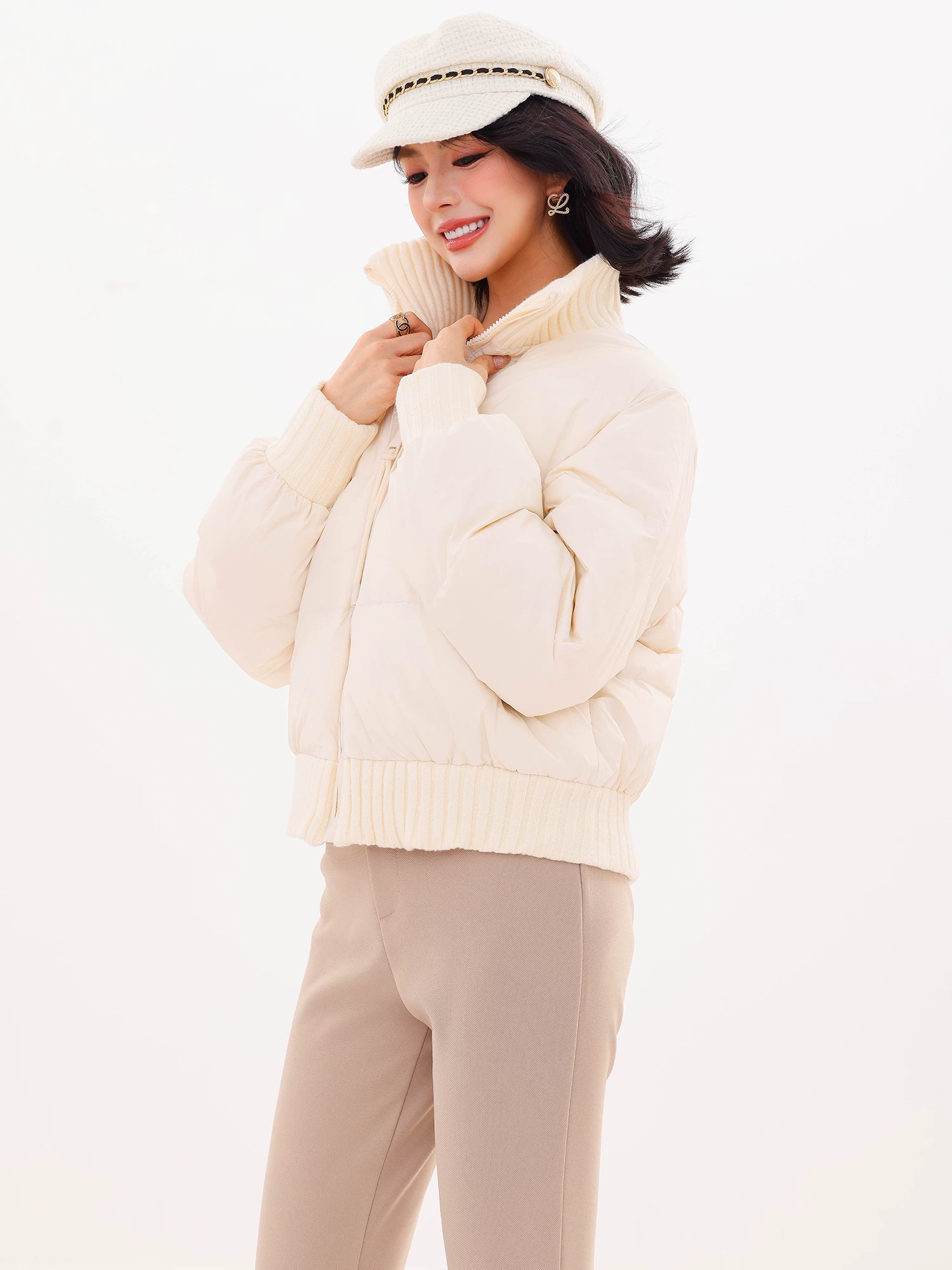 ABWLR First Snowfall - Áo khoác ngắn có cổ thiết kế nguyên bản dành cho nữ, phong cách mùa đông mới, áo khoác dáng rộng ôm eo