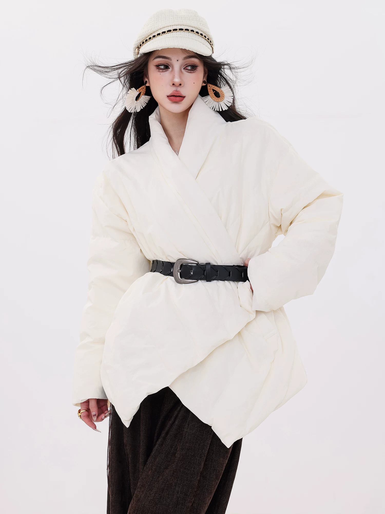 ABWLR Deep Winter Story - Áo khoác cổ chữ V thiết kế nguyên bản dành cho nữ, dài vừa phải có thắt lưng, áo khoác phong cách sang trọng nhẹ nhàng
