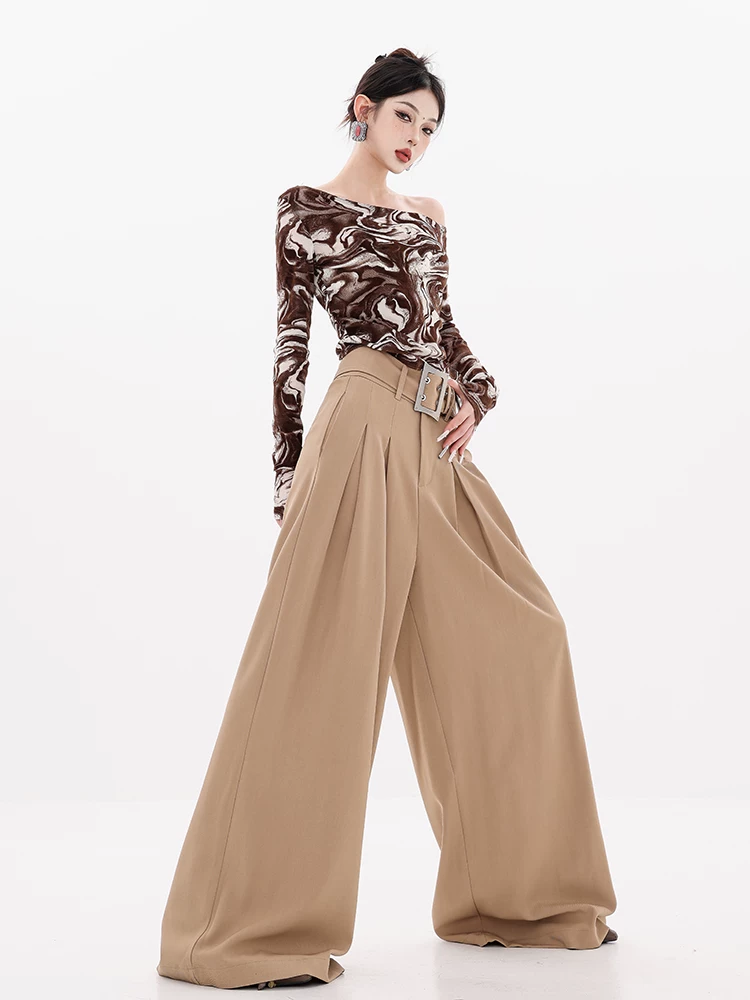 ABWEAR Modern Special Edition - Quần vest cao cấp màu kaki đầu thu nguyên bản dành cho nữ với thiết kế xếp ly xếp nếp và thiết kế dài đến sàn chân thẳng