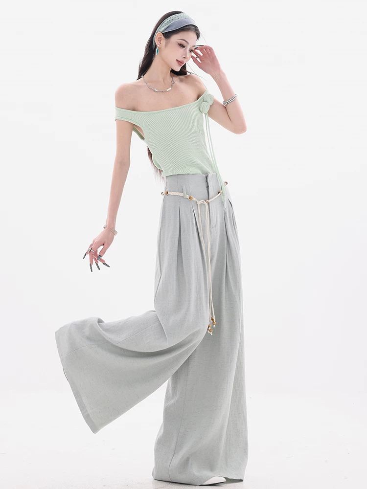 ABWEAR Bangkok Market-Quần thường ngày bằng vải lụa băng Drapey chính hãng dành cho nữ, phong cách mùa hè mới, quần ống rộng rộng rãi và thoải mái