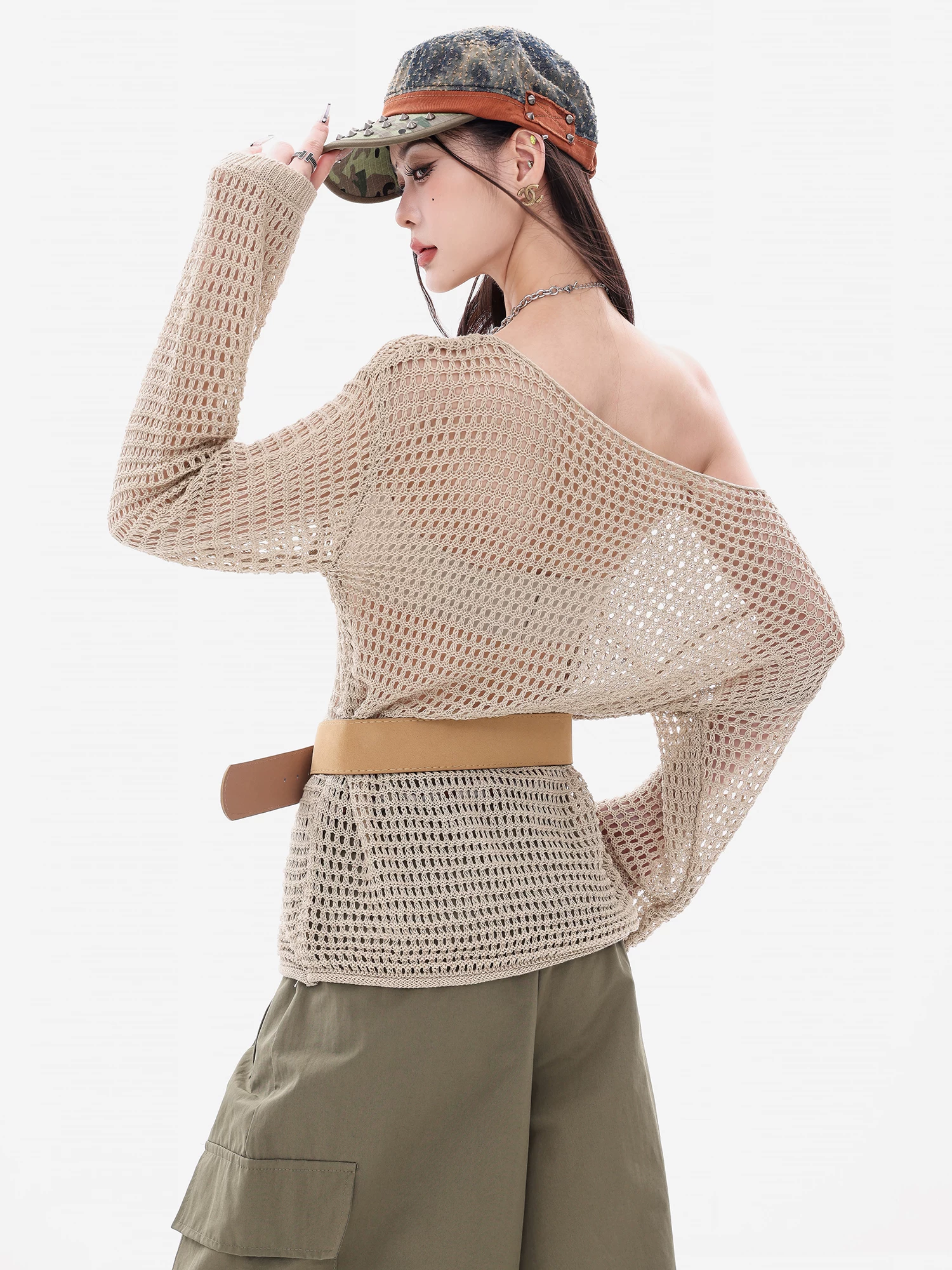 ABWEAR Oxygen Girl - Áo len dệt kim trễ vai phong cách lười biếng nguyên bản dành cho nữ, áo dáng rộng đa năng phong cách Hàn Quốc