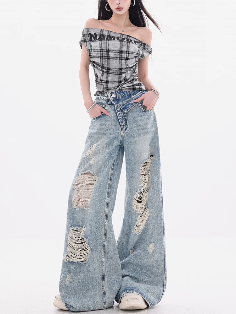 Quần jeans rách phong cách retro Mỹ nguyên bản của ABWEAR dành cho nữ mùa hè 2025, kiểu dáng rộng, ống rộng