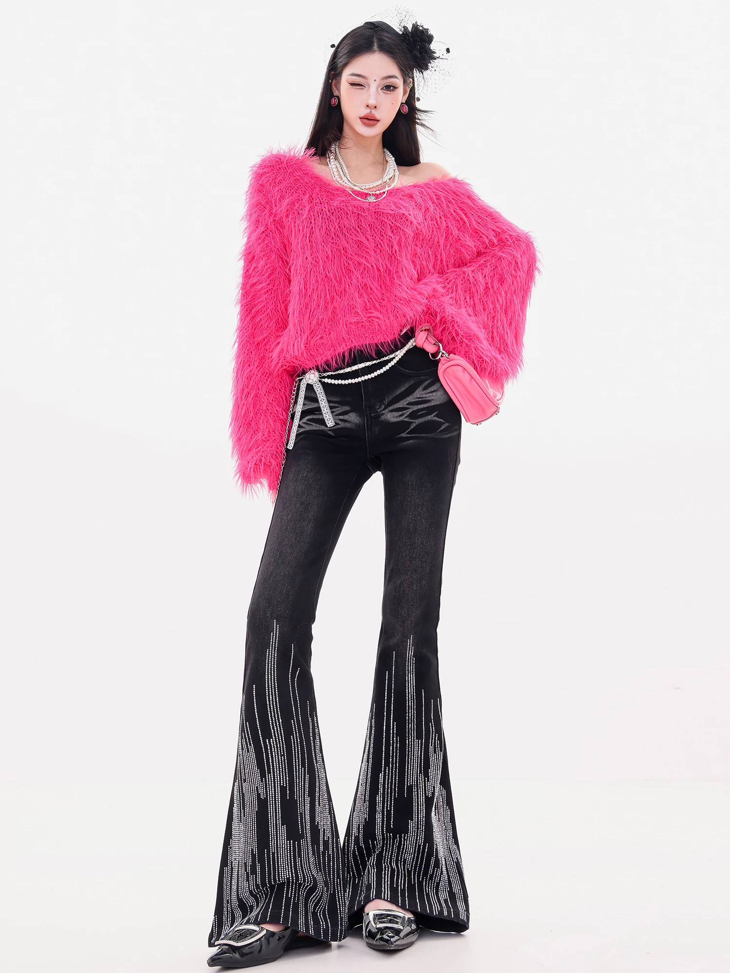 Quần Jeans Xòe Đính Đá Pha Lê Đen Nguyên Bản ABWLR Star Dance - Mẫu Mới 2025, Dáng Ôm, Giúp Giảm Cân, Kiểu Bootcut