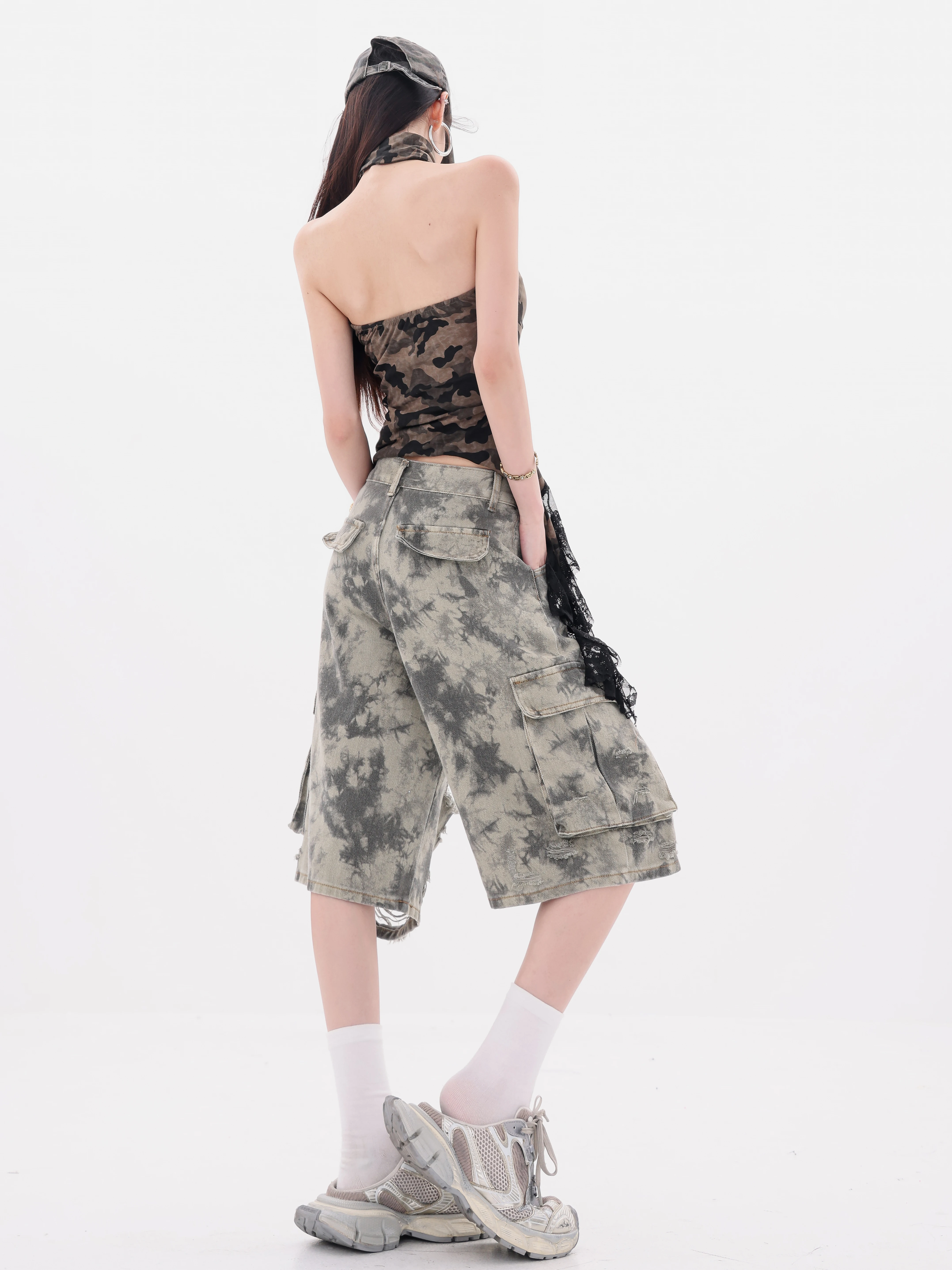 ABWEAR Wild Return - Quần short denim ống rộng họa tiết ngụy trang nguyên bản dành cho nữ, quần short năm điểm dáng rộng vừa vặn