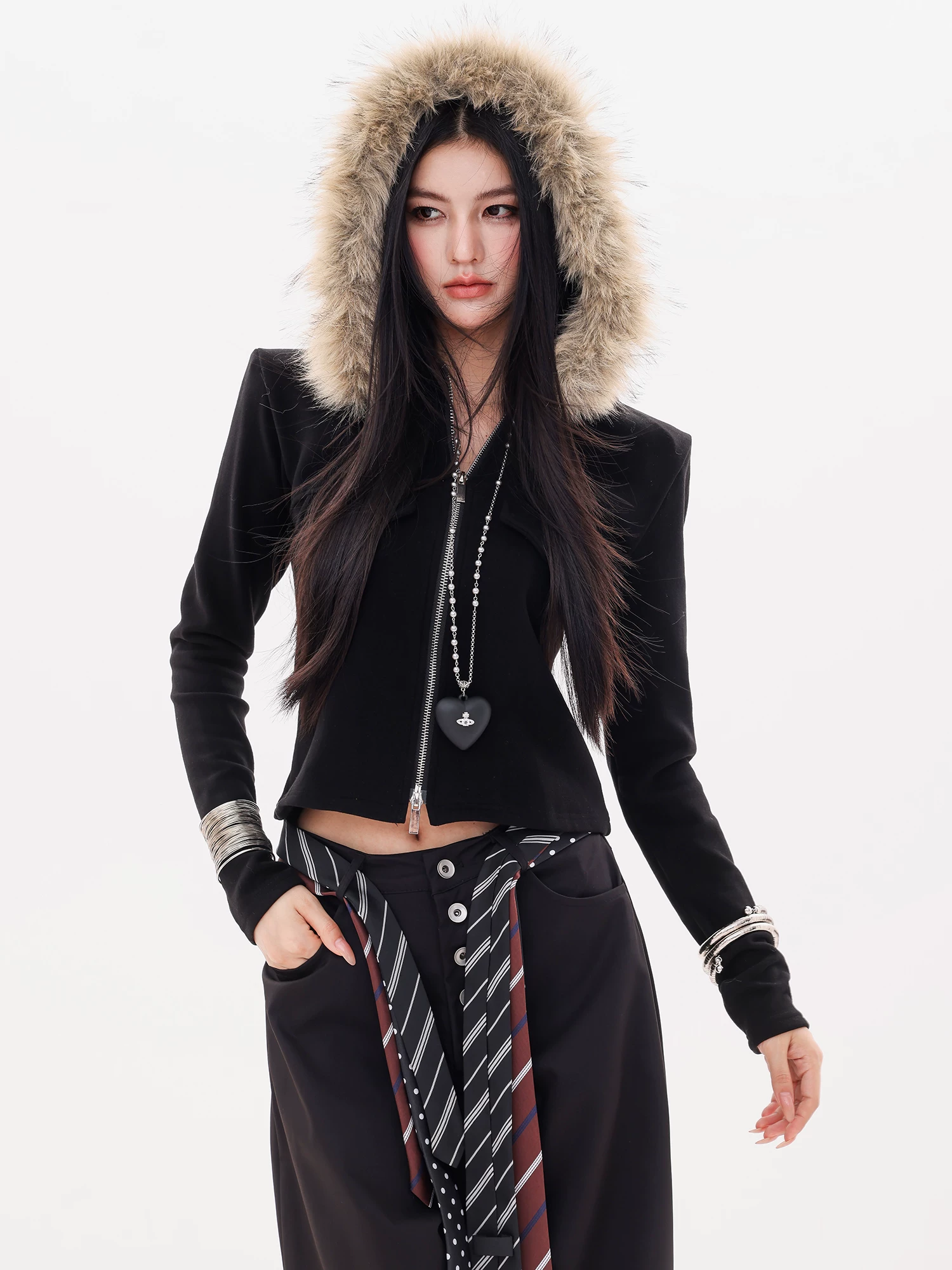 ABWLR Snowy Realm - Áo len dệt kim có mũ trùm đầu có cổ lông nguyên bản dành cho nữ, áo kiểu dáng ôm vừa vặn mới dành cho mùa thu đông.