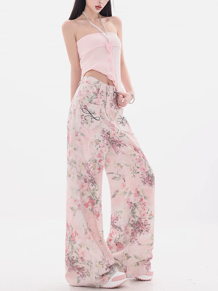 ABWEAR Rosemary Rose-Quần jean in họa tiết màu hồng nguyên bản dành cho nữ mùa hè mới Quần ống rộng thẳng thường ngày