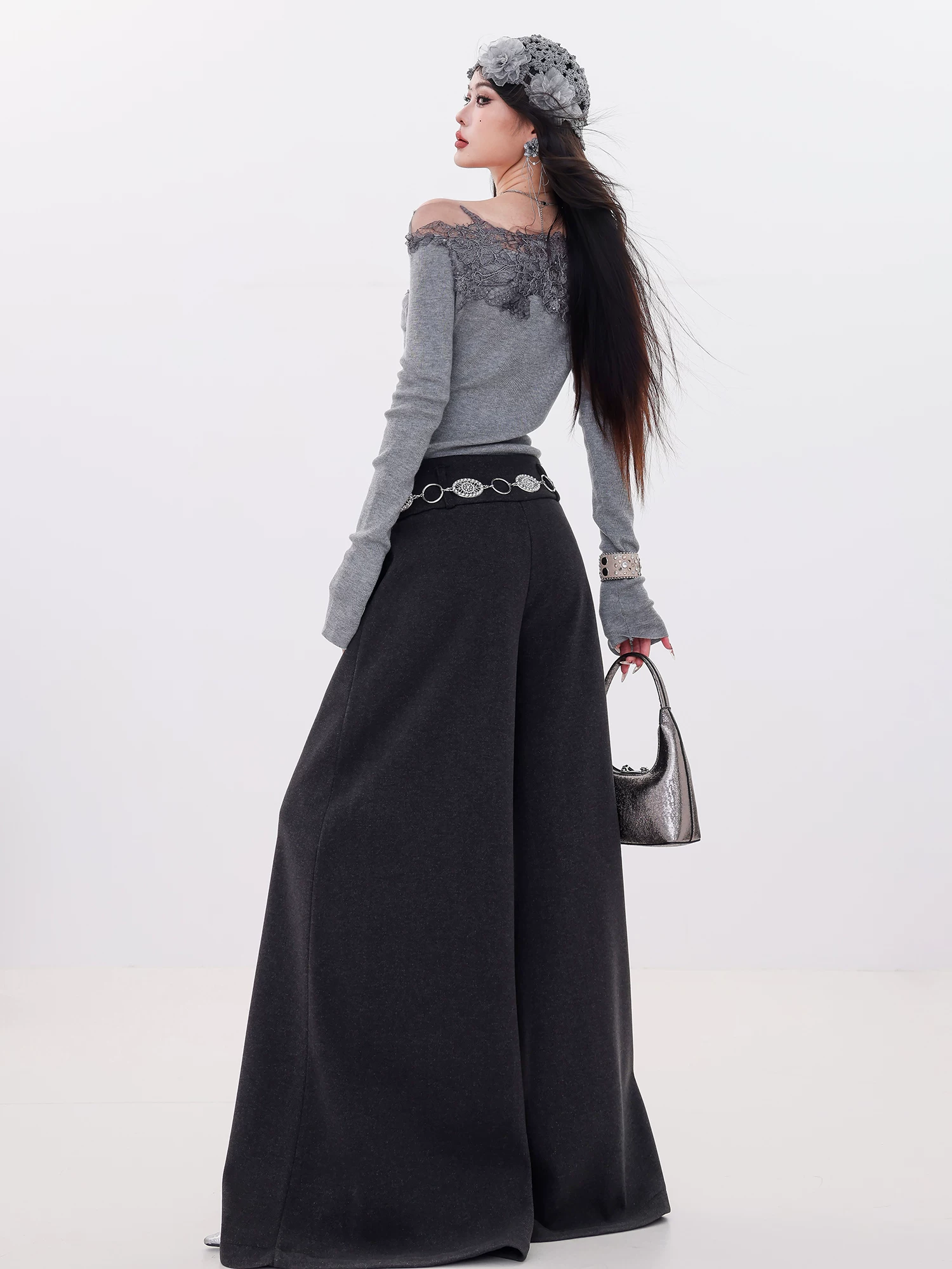ABWLR Fashionable Advanced Edition - Quần ống rộng dày lót lông cừu nguyên bản dành cho nữ, lưng cao, xếp nếp, dáng rộng, thon gọn, quần dài đến sàn