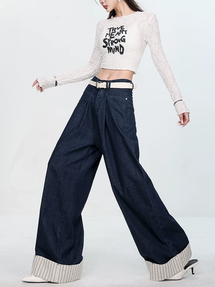 Quần Jean ABWEAR Phong Cách Vintage Mới 2024 Kết Hợp Vải Nhiều Màu, Viền Cuộn Và Ống Rộng Sọc Cho Nữ